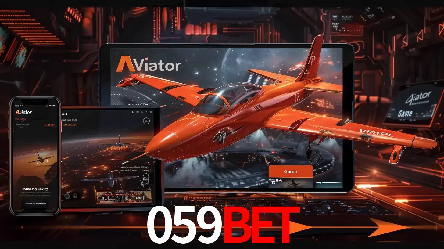 Apresentação tecnológica do jogo Aviator com um avião saindo da tela de um tablet, demonstrando a experiência imersiva em múltiplos dispositivos no 059BET.