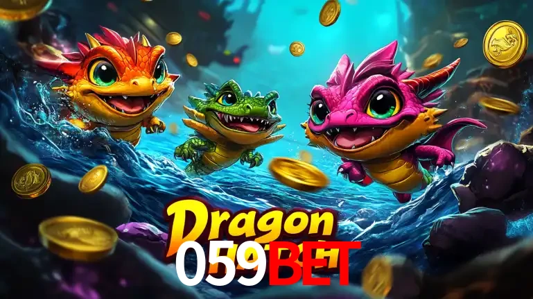 Arte promocional do jogo Dragon Hatch com três adoráveis dragões bebês nadando entre moedas de ouro, um dos slots mais divertidos para jogar no cassino 059BET.