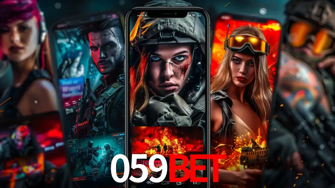 Montagem de telas de celular mostrando diversos personagens, masculinos e femininos, de um jogo de tiro, ilustrando a diversidade de equipes de e-sports para apostar no 059BET.