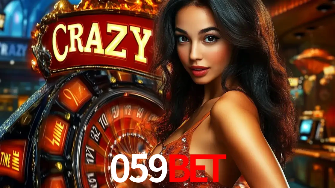 Mulher glamourosa olhando para a câmera com a roda vermelha do Crazy Time ao fundo em um ambiente de cassino, destacando a emoção dos jogos ao vivo no 059BET.