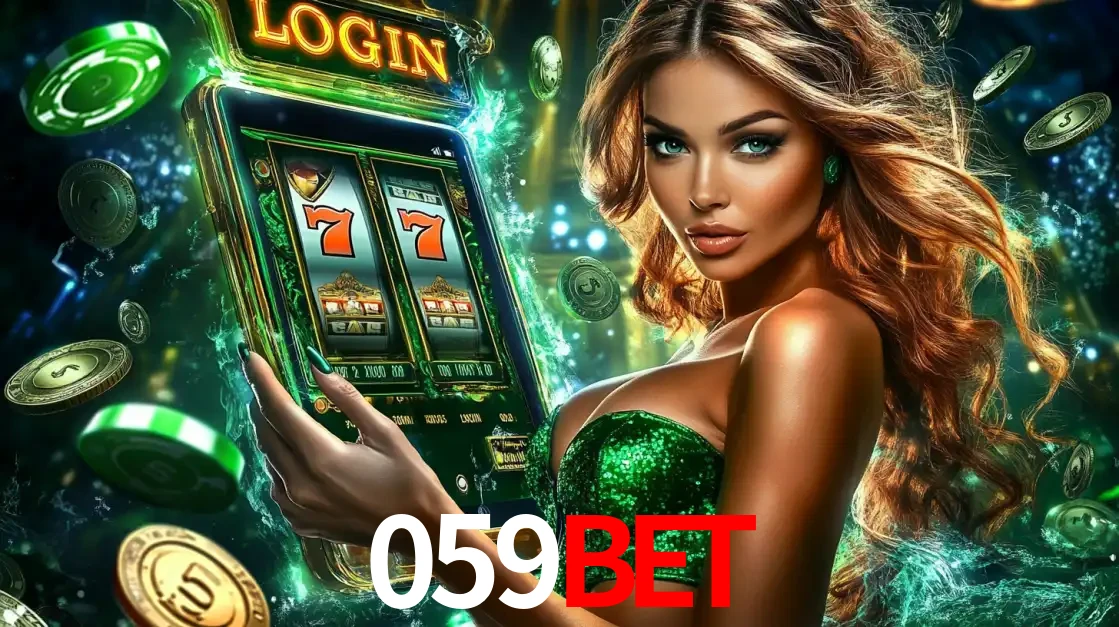 Mulher com tema verde apresentando o aplicativo do cassino 059BET com um jogo de slot de 777, cercada por fichas de cassino e uma aura de sorte.