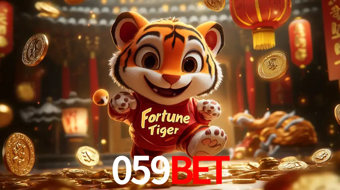 O alegre personagem do Fortune Tiger correndo sobre um caminho de moedas de ouro, simbolizando os grandes prêmios e a diversão do popular jogo de slot do 059BET.