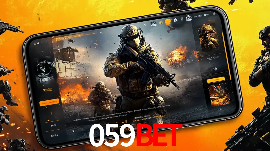 Um smartphone exibindo a interface de um jogo de tiro em primeira pessoa, com um soldado em um cenário de batalha, representando a ação dos e-sports para apostar no 059BET.