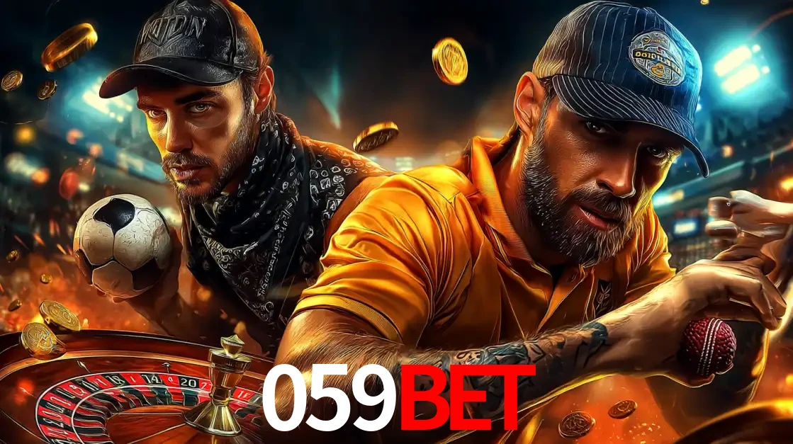 Montagem de apostas esportivas e cassino no 059BET, com um homem segurando uma bola de futebol e outro uma de beisebol sobre uma roleta e moedas voadoras.