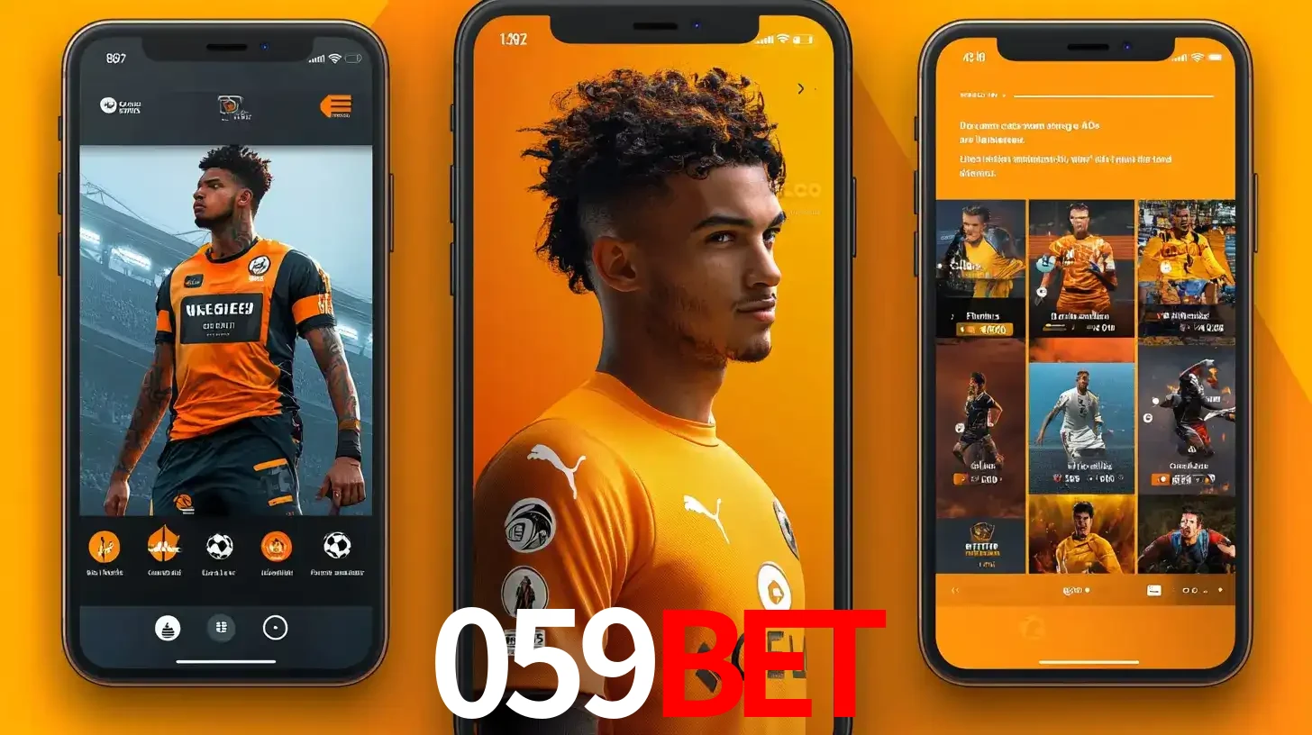 Interface do aplicativo de apostas esportivas 059BET em três telas de celular, mostrando o perfil de um jogador de futebol e a lista de jogos disponíveis para apostar.