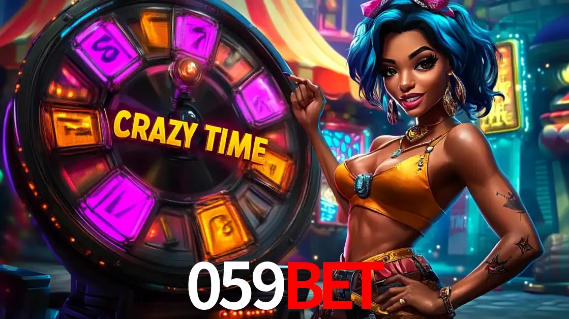 Mulher estilizada com cabelo azul e visual vibrante posando ao lado da roda de prêmios do game show Crazy Time, convidando para a diversão e os bônus do cassino 059BET.