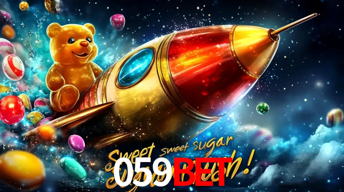 Arte promocional do jogo de slot Sugar Rush, com um urso de pelúcia em um foguete viajando pelo espaço de doces, um dos jogos divertidos disponíveis no cassino 059BET.