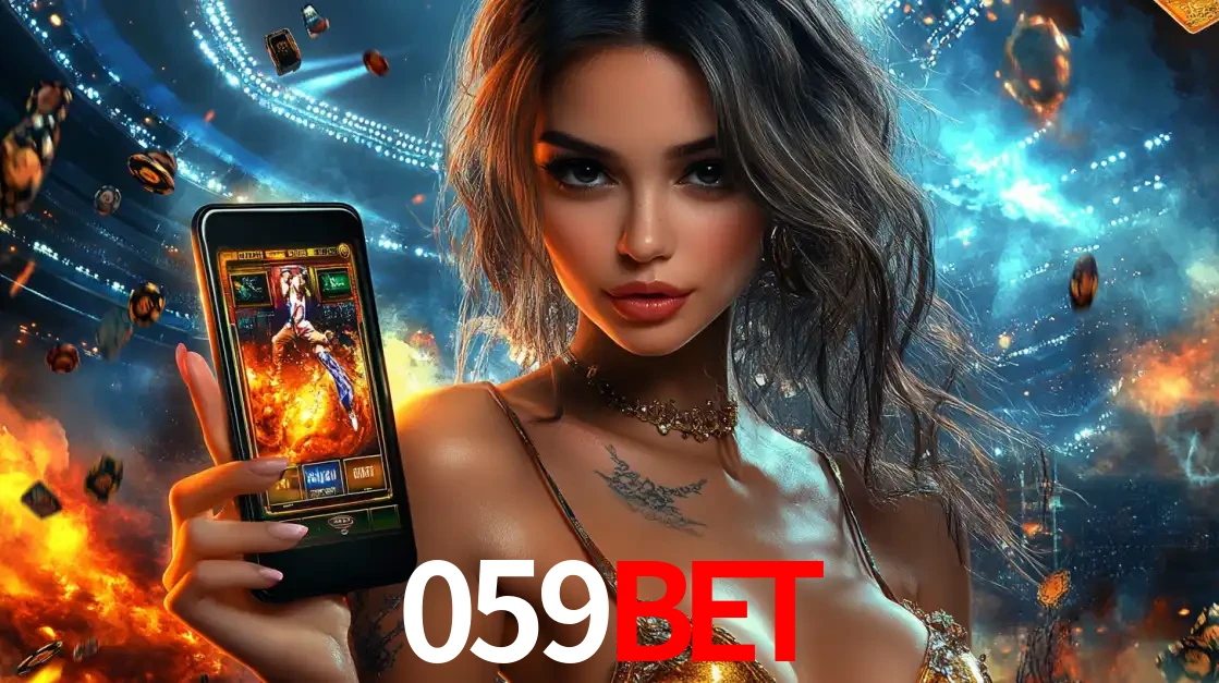 Mulher segurando um celular com um jogo de slot em destaque, tendo como fundo um estádio vibrante, simbolizando a emoção de jogar no cassino móvel 059BET.