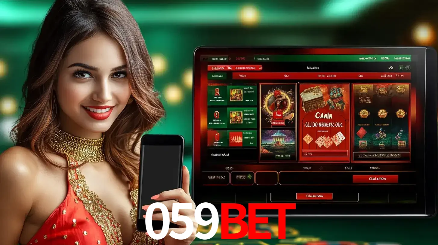Mulher sorridente segurando um smartphone, ao lado de uma tela exibindo o lobby de jogos do cassino online 059BET, com várias opções de jogos de cartas e slots.
